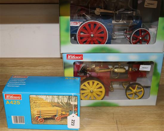 Two Wilesco live-steam traction engines and a Lumber-wagon, all boxed and mint